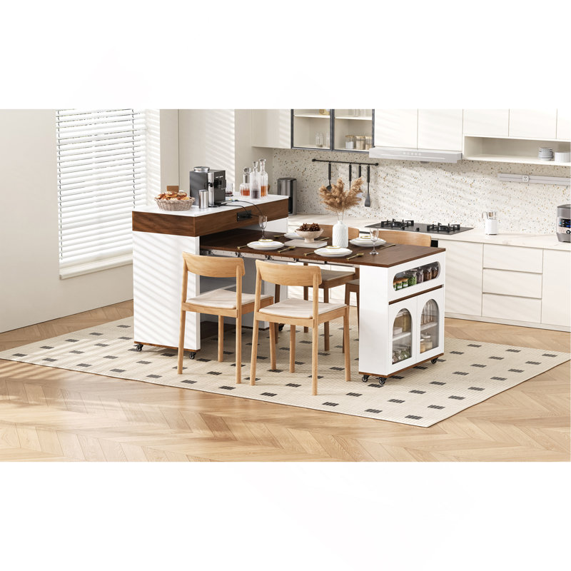 Table de salle à manger extensible avec plateau pliable extra-long, îlot de cuisine roulant avec tiroirs, prise de courant et verrou de frein, armoire de rangement pour la cuisine et la salle à manger (noyer + blanc crème)