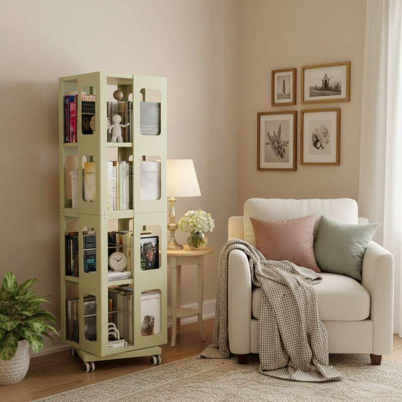 Modern 4-Tier All-Steel Rotating Bookshelf with 360-Degree Storage and Lockable Silent Wheels, Yellow