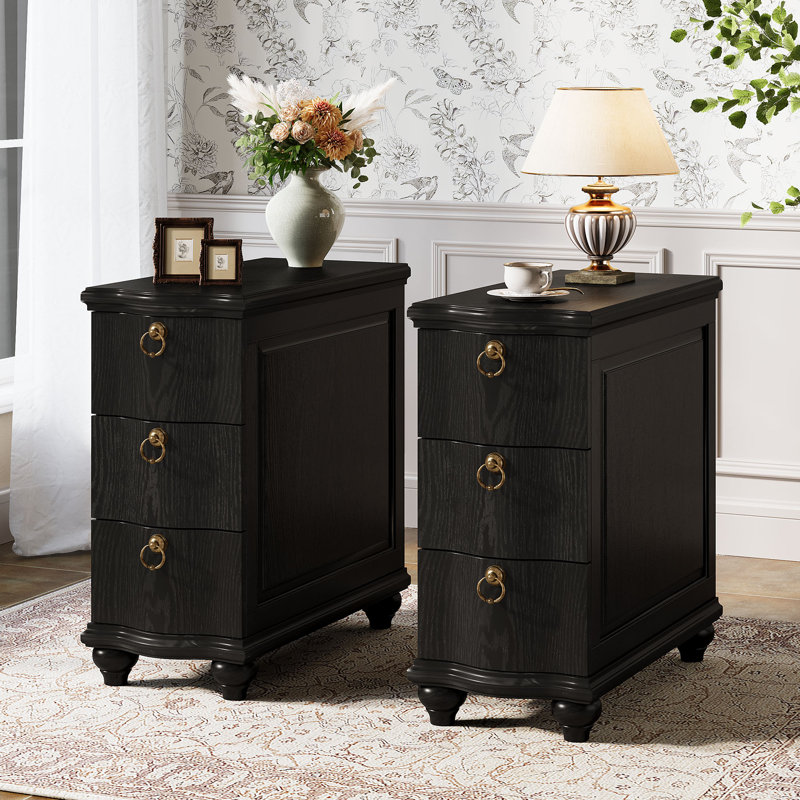 Table de chevet en bois avec 3 tiroirs, table de chevet, petits espaces, salon, chambre à coucher, Noir, Ensemble de 2