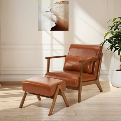 Mid-Century Modern Leatherette Accent Stool And Chair With Walnut Rubberwood Legs