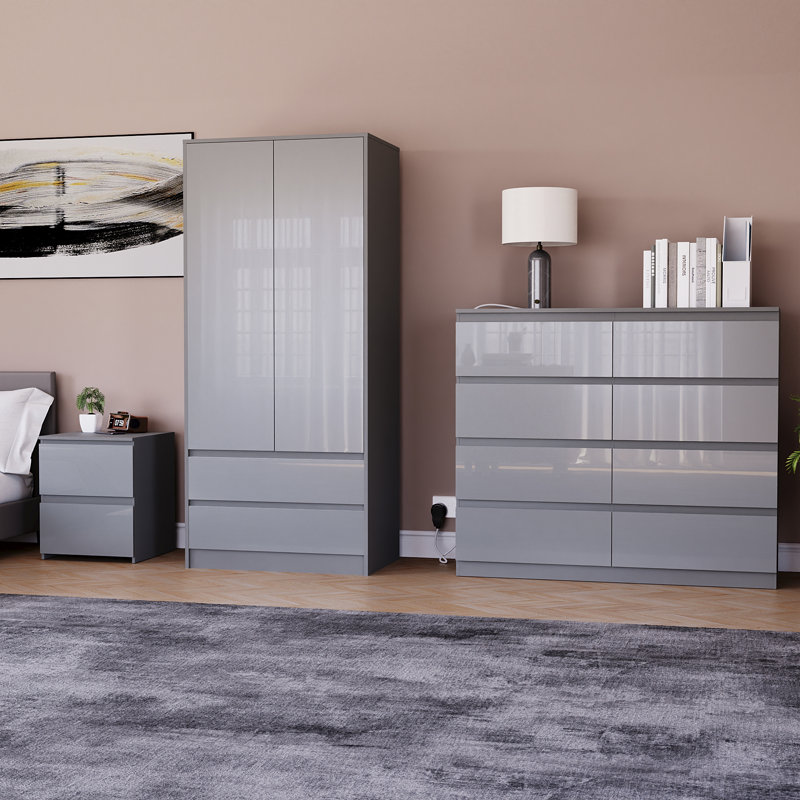 Oslo 3 Piece Bedroom Set (2 Drawer Bedside Chest, 8 Drawer Chest, 2 Door 2 Drawer Wardrobe), (100% FSC), Grey