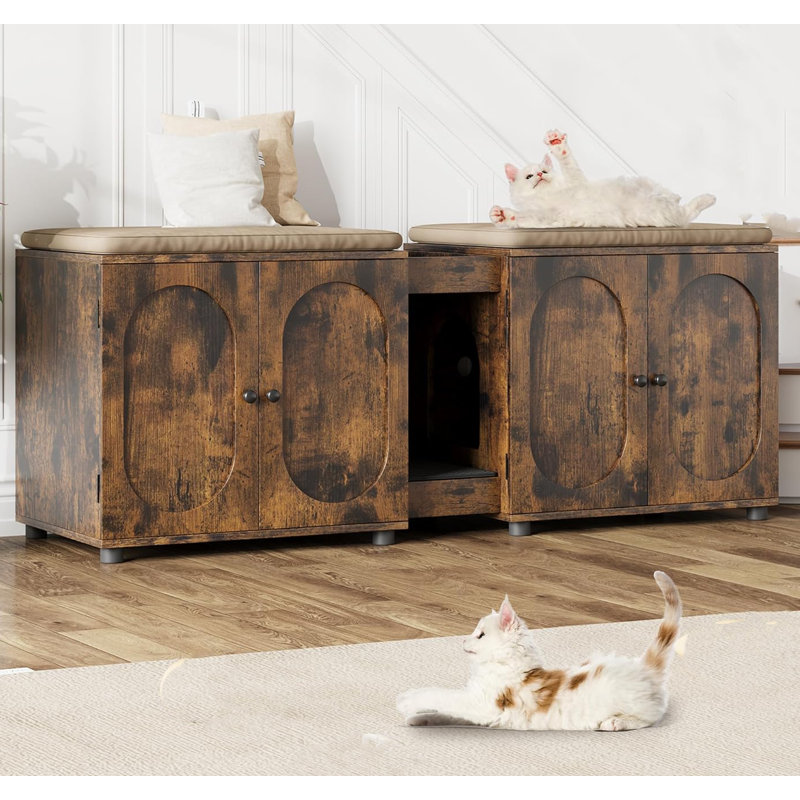 Double Cat Litter Box Furniture, Large Cat Litter Box Fence With Cat Litter Pad, Brown