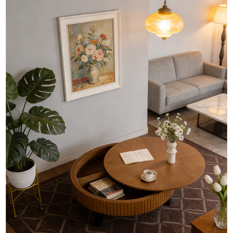 Table basse ronde avec espace de rangement, 39.37, Naturel
