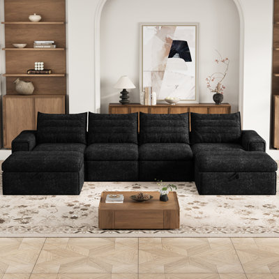 136" Modular Sectional Sofa with Deep Seat, U-Shaped Cloud Couch for Living Room, 4-Seater Compression Boneless Sofa with 2 Ottomans, Flexible Combination Upholstery Sofa, No Assembly Required, Graphite Black