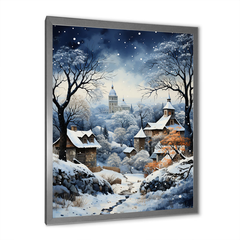 Harmonie du village d'hiver I - impression, Cadre simple argenté, H 32 po x l 16 po x P 1 po