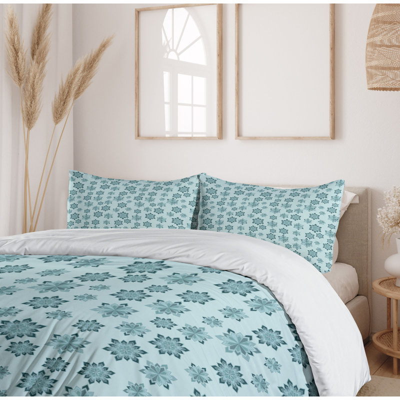 Teal and Pale Blue Snowflake Queen Duvet Cover Set