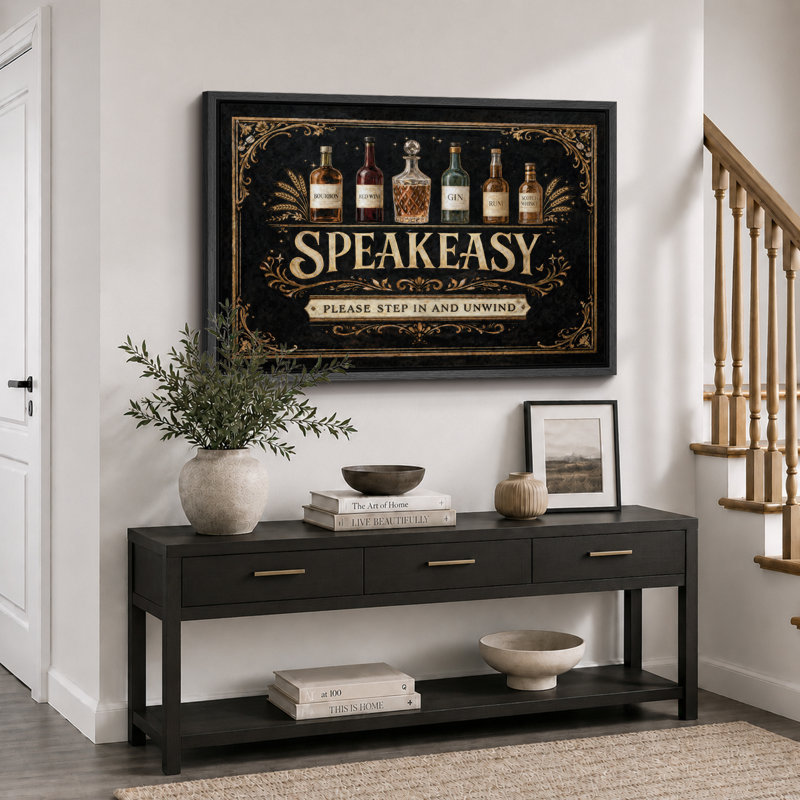«Speakeasy Vintage Bottle Bar», impression sur toile encadrée, impression sur toile, H 16 po x l 24 po x P 1,5 po, Cadre noir