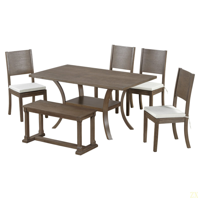 Ensemble de table de salle à manger 6 pièces en bois avec tablette de rangement et pieds courbés, ensemble de table de cuisine avec banc et 4 chaises de salle à manger à coussins amovibles, style moderne