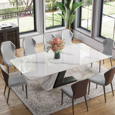 Table de salle à manger rectangulaire moderne en pierre frittée blanche avec base en forme de Z