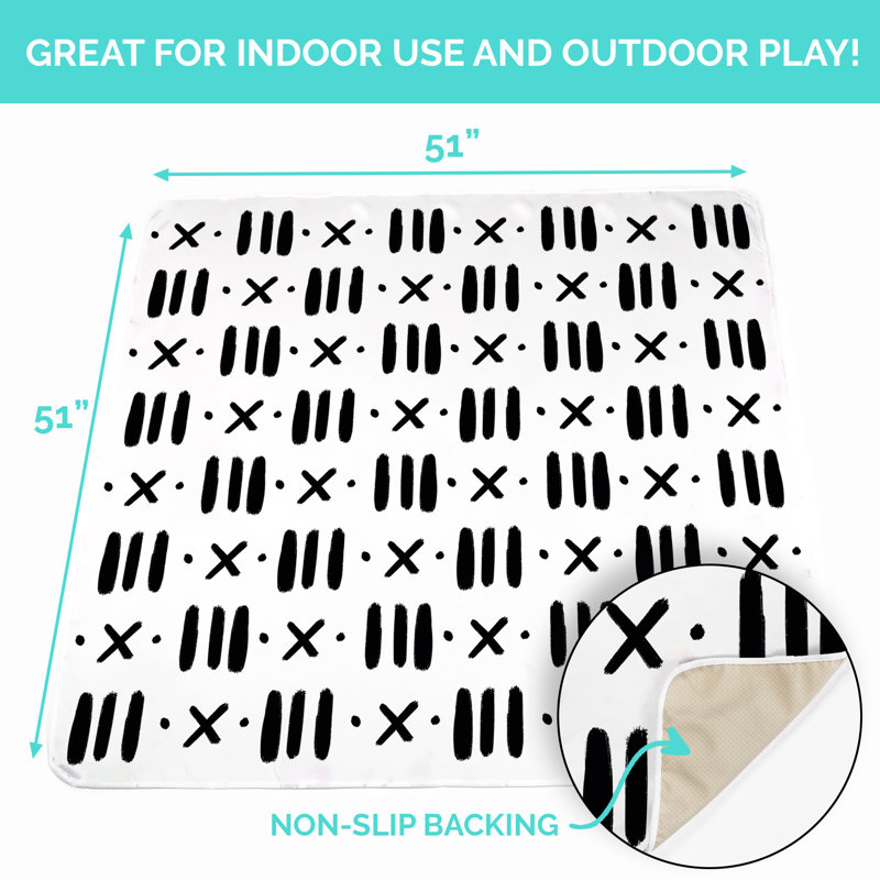 JumpOff Jo - Large Baby Splat Mat for Under High Chair, Booster Seat, Tabletop, Food Catcher - Protect Floor and Carpet from Spills & Crafts - Waterproof and Washable - 51 x 51 inches - Black & White