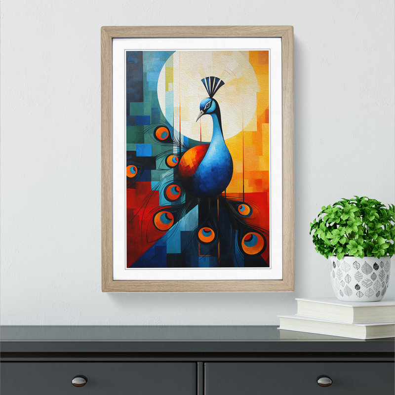 Peacock Constructivism - Single Picture Frame Print on Wood, 46cm H x 34cm W x 2cm D, Oak Framed