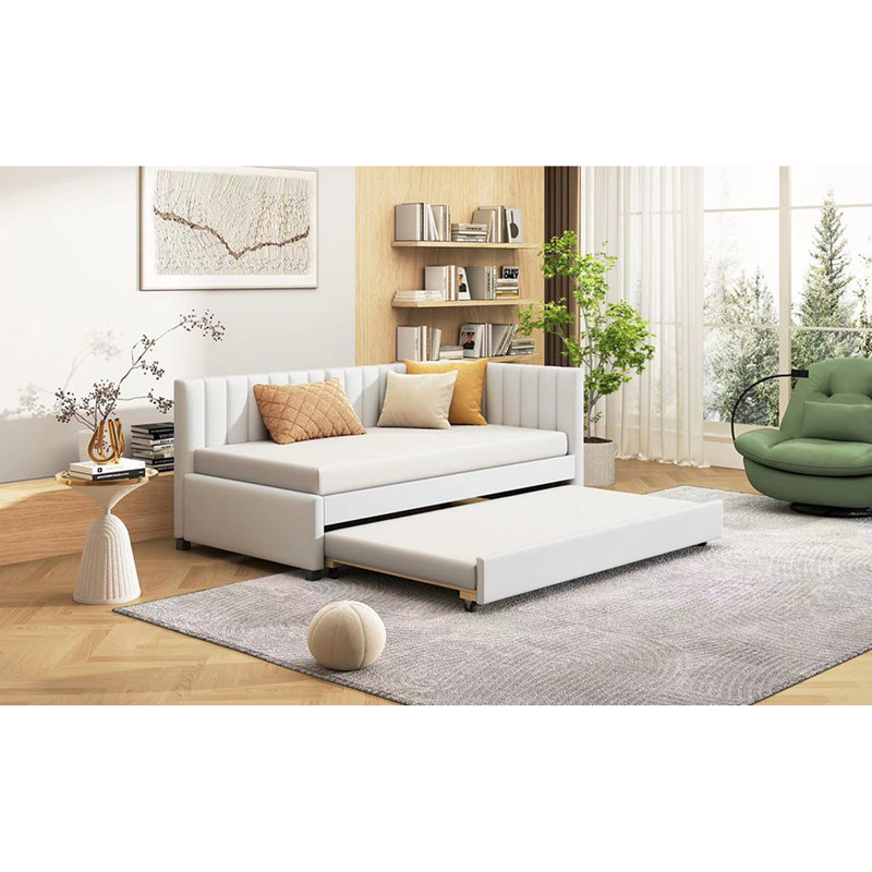 Lit de jour rembourré avec lit gigogne simple en lin beige, pas besoin de lit gigogne, structure solide