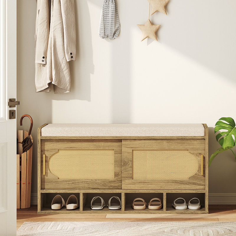 Shoe Storage Bench With Removable Cushion, Shoe Bench with Sliding Door, Entryway Bench with Hidden Shoe Storage