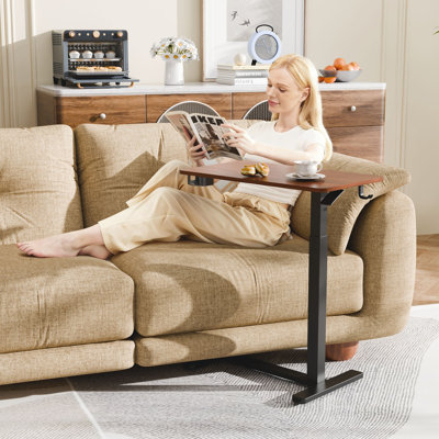 Height Adjustable Overbed Bedside Table with Hidden Casters, Pneumatic Standing Desk, Mobile Laptop Table, Hospital and Home Use Rolling Cart, Walnut