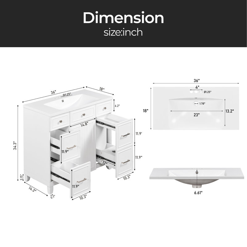 36'' Single Bathroom Vanity with Resin Top, White