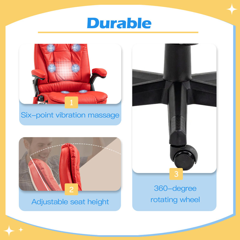 Heated Massage Office Desk Chair, Heated Reclining Computer Chair with 6 Vibration Points, Armrest and Remote, Red