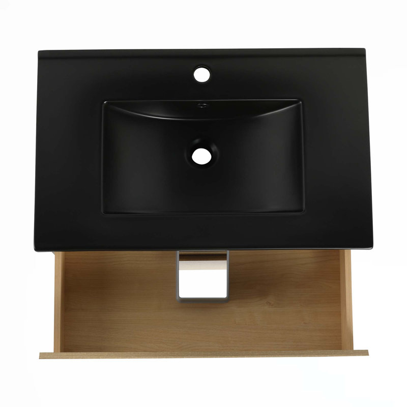 Wall-Mounted Bathroom Vanity With Ceramic Sink, Light Oak