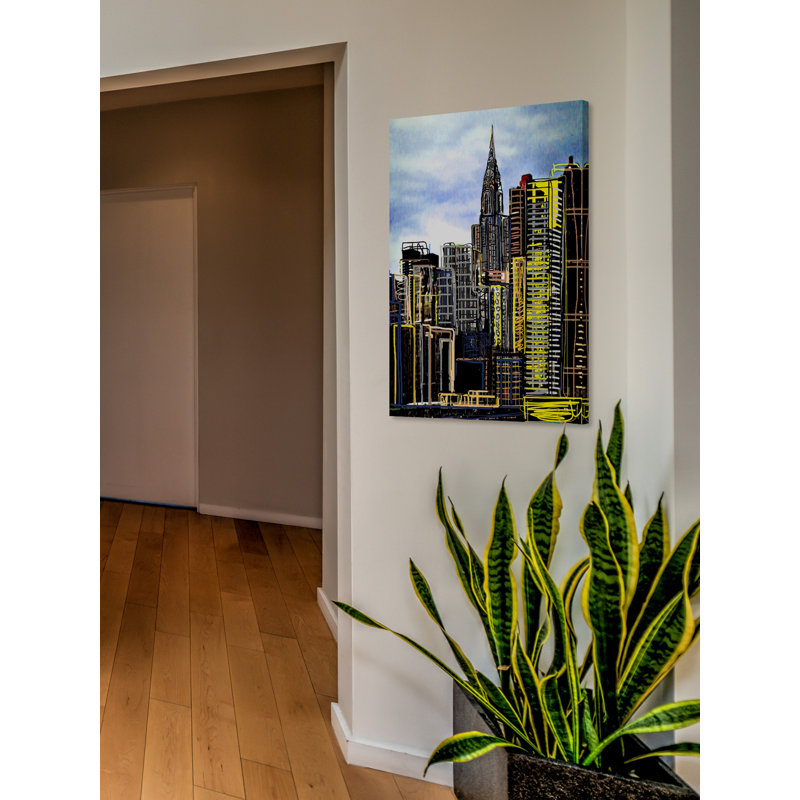 Urban Skyline Nightscape Canvas Print in Blue and Yellow