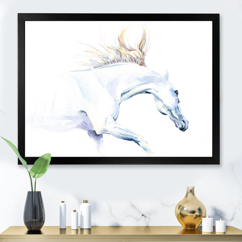 Cheval blanc - peinture sur toile, H 12 po x l 20 po, Cadre noir