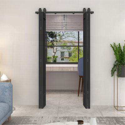 48 po X 80 po Porte de grange double pliante en panneau de fibres à densité moyenne peinte noire 1 panneau avec ensemble de quincaillerie coulissante