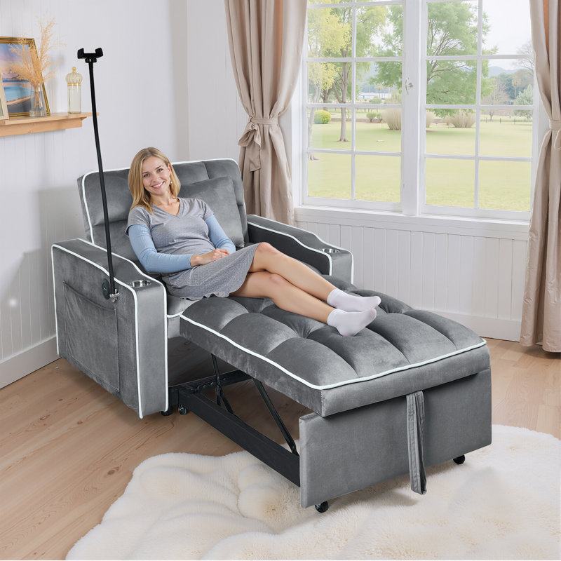 3-In-1 Convertible Futon Sofa Bed Chair, Multi-Functional Sleeper Chair Bed With Pull Out Couch And Adjustable Backrest, Modern Velvet Chaise Lounge Armchair For Living Room Bedroom