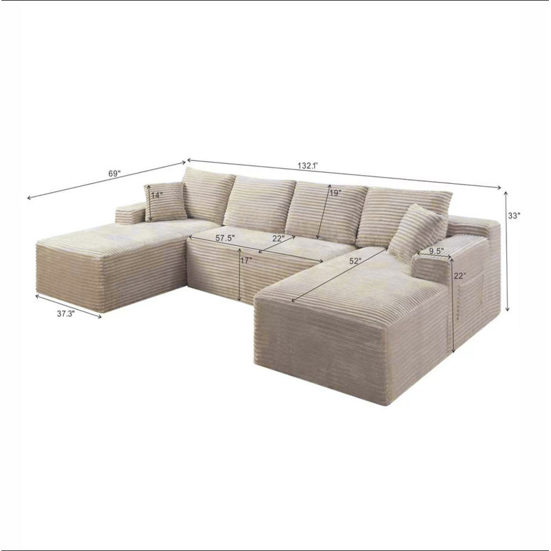 Ensemble de canapé modulaire compressible en forme de U 132,1 po, canapé modulaire de style minimaliste, canapé nuage en velours côtelé pour le salon