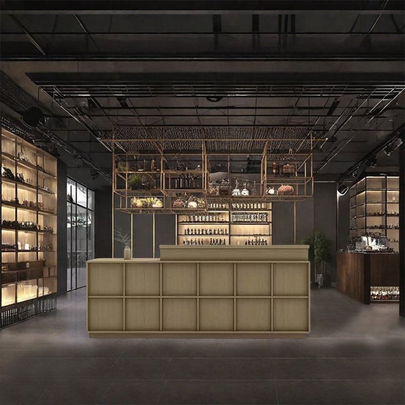 Bar Counter with Open Storage, Lockable Drawers, and Wine Glass Rack – No Assembly Required, Burlywood