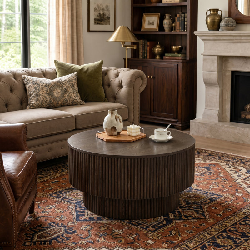 31.5" Pedestal Round Coffee Table with Storage - Modern Wood Design, White