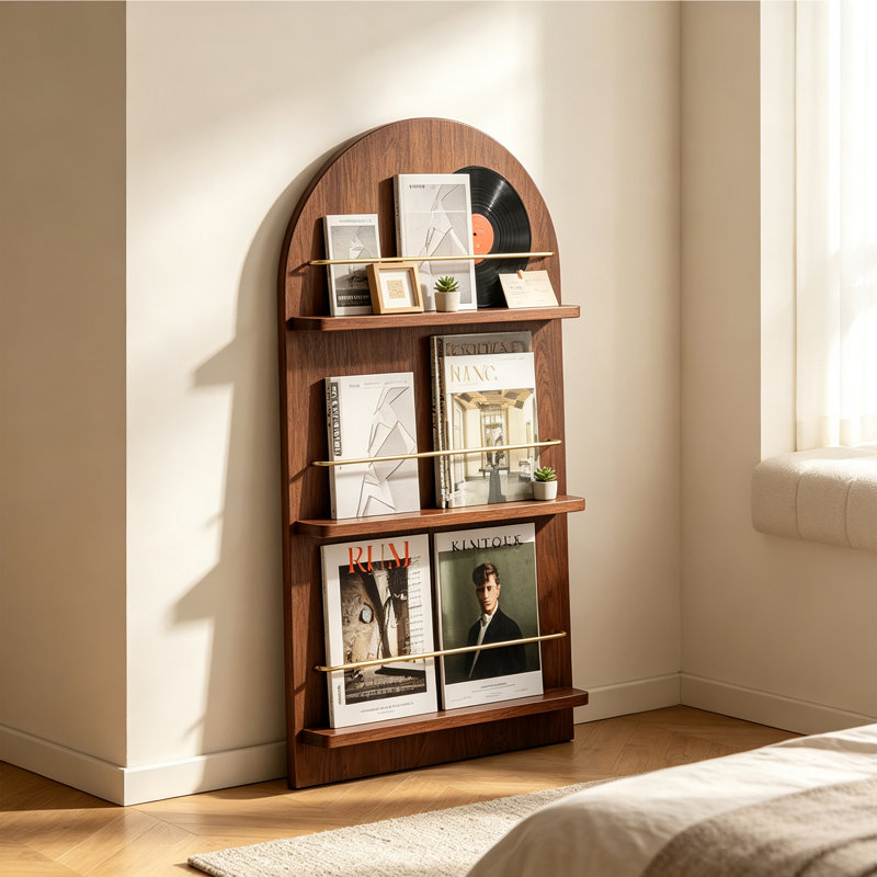 Porte-revues arqué en bois d'hévéa, H 43,31 po x l 22,83 po x P 12,6 po, Noyer