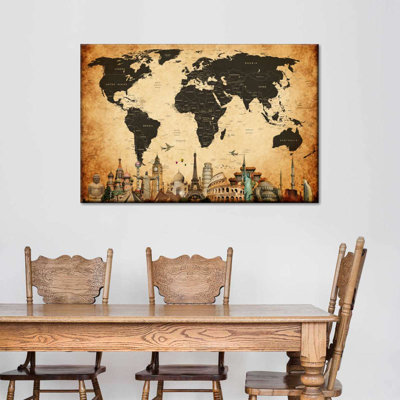 «World Map Vintage Repères World Map», reproduction sur toile