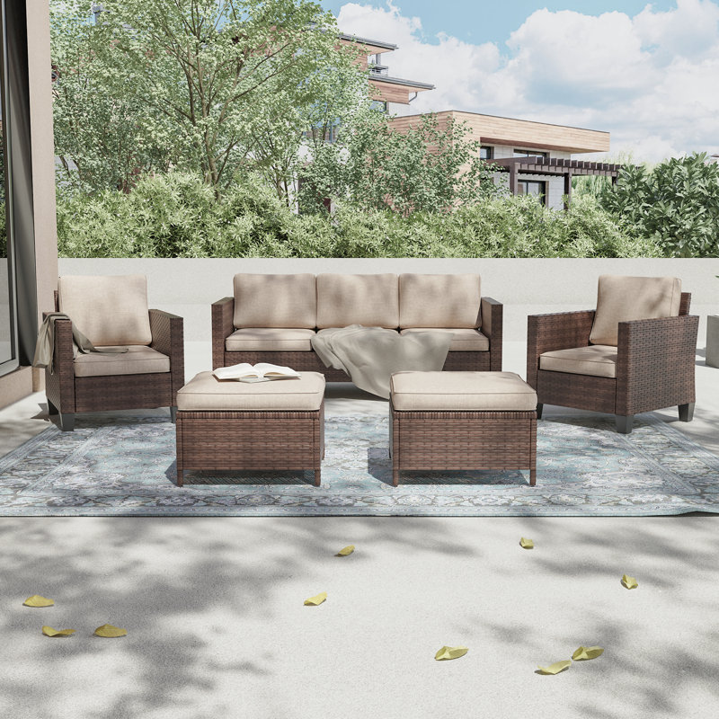 Abinayan 5-Person PE Wicker Patio Conversation Set with Cushions, All-Weather Outdoor Furniture Set for Deck Backyard Garden