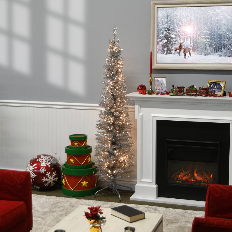 The Holiday Aisle® Silver Tinsel Tree with Clear Lights, 6'