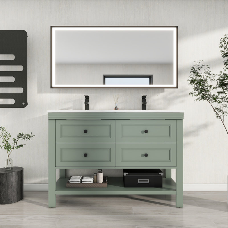 Sharee 48“ Double Sink Bathroom Vanity With Resin Countertop, Zinc Alloy Faucet, 4 Smooth Drawers 1 Open Shelf, Green