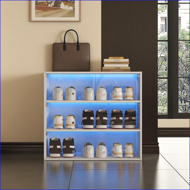 Cabinets: Off-White Shoe Storage Cabinet with RGB LED Lights, Sliding Glass Doors | 31.3”W x14.8”D x28.4”H | Minimalist | Bedroom