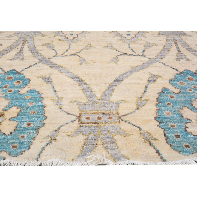 Tapis ivoire / bleu en laine noué à la main à motif géométrique 11 pi 8 po x 14 pi 11 po