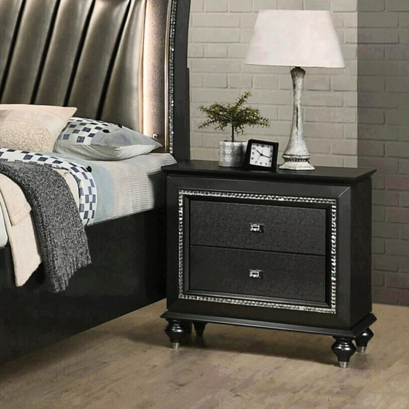 Table de chevet pour chambre à coucher - 2 tiroirs en bois d'hévéa massif gris métallique pour un rangement pratique 2 transforme l'esthétique