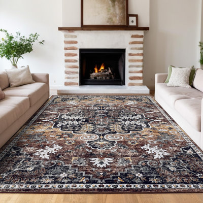 Tapis floral lavable à la machine 8 x 10, motif symétrique rétro, résistant aux taches et facile à nettoyer, bords et envers renforcés pour le salon, la chambre à coucher et le vestibule - brun / rouge