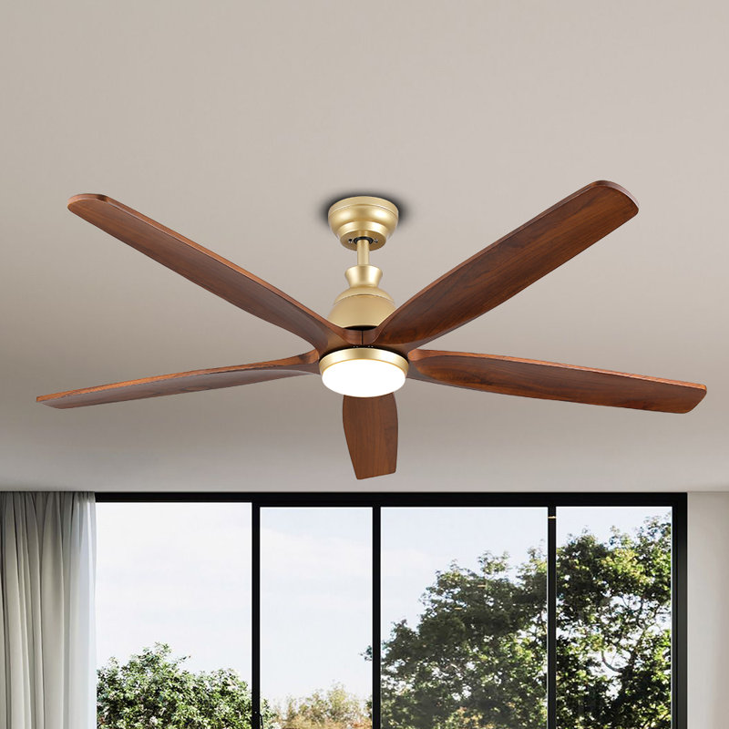 Lovonza Modern Indoor Ceiling Fan 5 Blade LED Light Remote Control Soft Brass Finish Brown Walnut Finish Blades Bedroom Patio Living Room Kitchen 