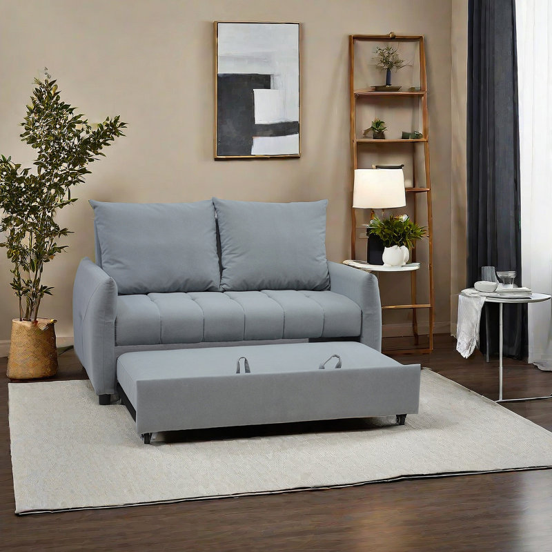 Canapé-lit convertible 3 en 1 avec dossier ajustable, coussins, poches de rangement latérales et port USB pour le salon