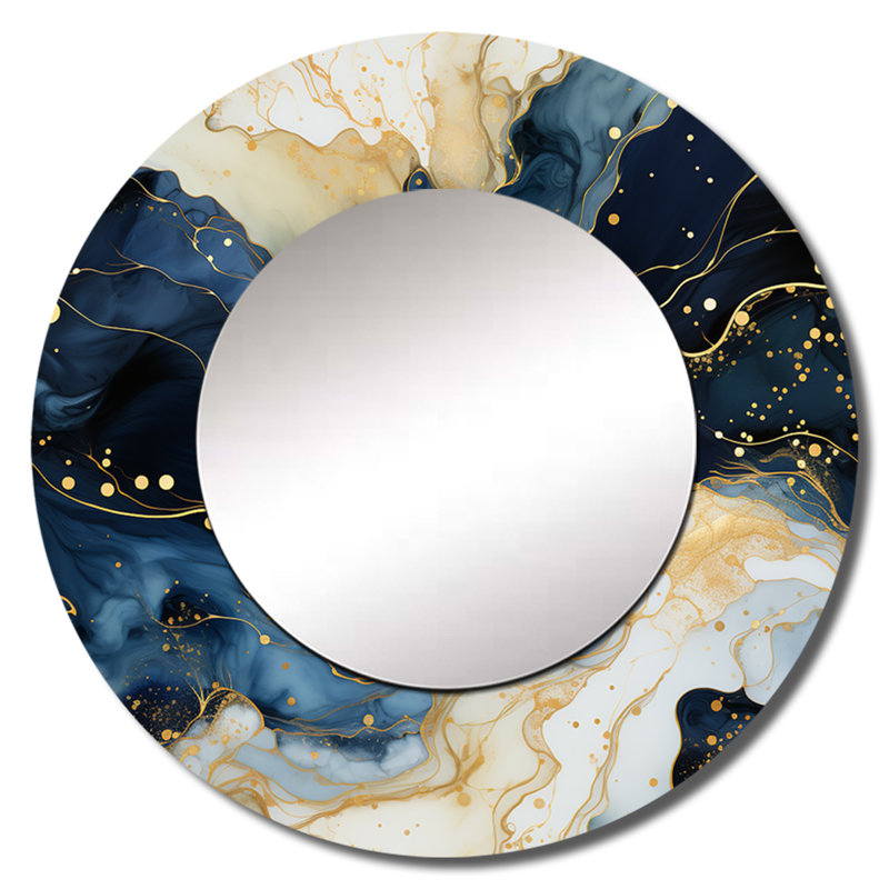 Rylynn Celestial Gold And Blue Marble Pattern - marble  Large Mirror, Gold Round Decorative Wall Mirror, Printed Metal Art