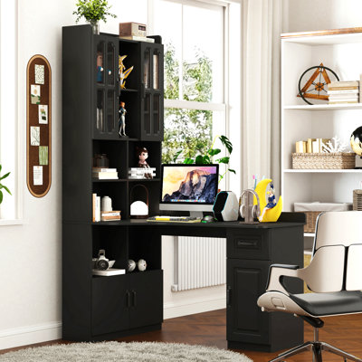 Bureau d'ordinateur d'angle en L pour bureau à domicile ou bureau d'étude, table d'étude de style moderne avec tiroirs, bibliothèque et huche, conception en L 2 en 1, grand espace de travail, noir