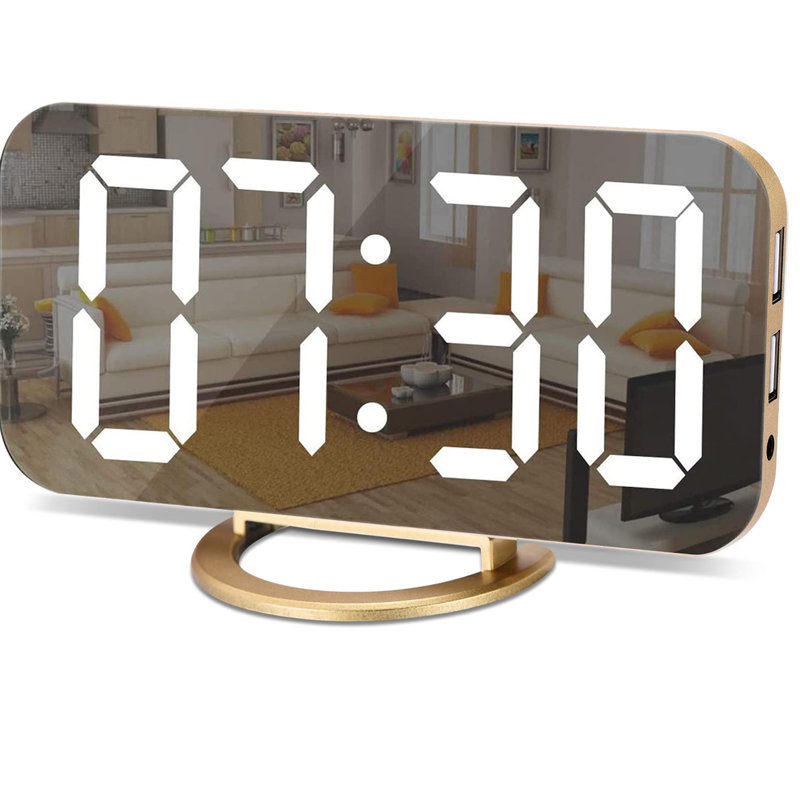 Réveil numérique avec affichage à miroir DEL, grande horloge de bureau avec deux ports de charge USB, luminosité réglable, fonction de répétition pour la chambre à coucher, le bureau et le salon (doré)