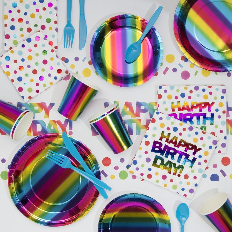 Happy Rainbow Party Supplies | Childrens Birthday Plates Cups Napkins Cover