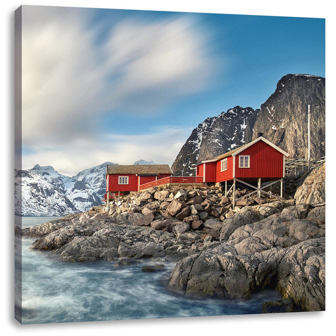 Leinwandbild Einsames rotes Haus am Meer in Norwegen