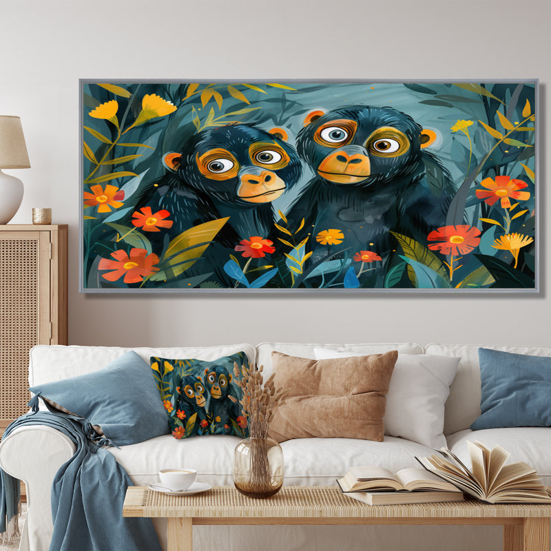 Noir, vert, gorilles, floral, jungle I - art mural Gorillawall, salon, Encadrement argenté, H 28 po x l 60 po