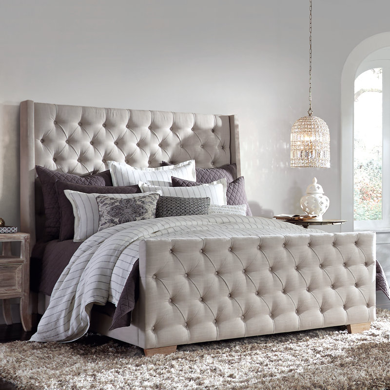 Lit touffeté en tissu Laurent beige, Grand