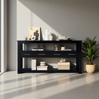 Grande table d'entrée de 61,5 po avec 4 tiroirs, console peinte avec tablettes ouvertes à 3 niveaux et poignées en métal, table de canapé d'entrée polyvalente pour le salon, la chambre à coucher