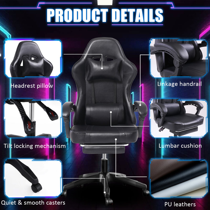 Wrought Studio™ Adjustable Reclining Leather Swiveling PC & Racing Game Chair, Black