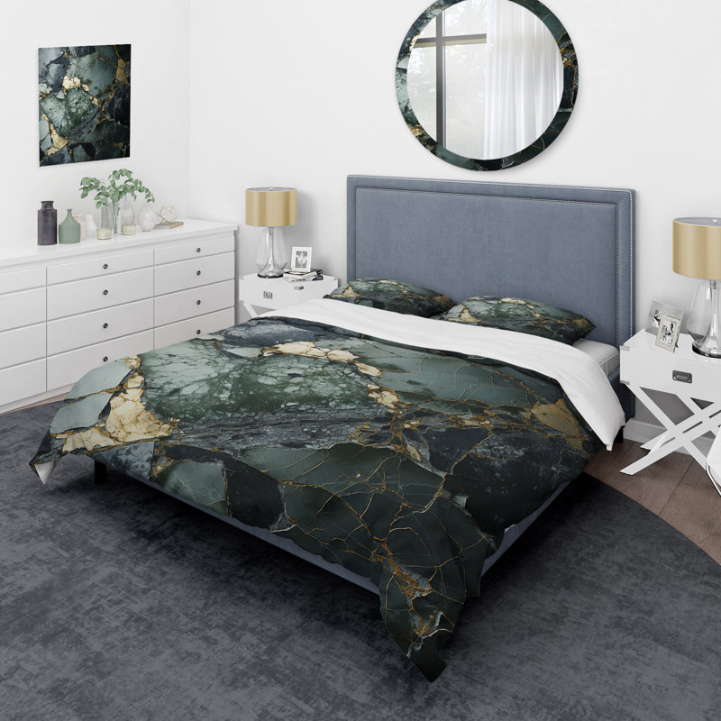 Ensemble de housse de couette en marbre doré et vert Terrazzo Marble Elegance I
