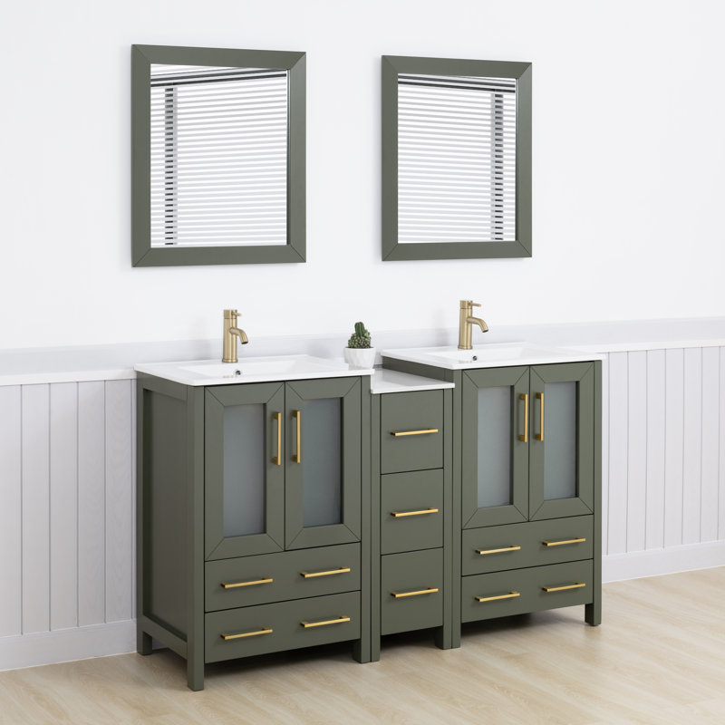 Ensemble de meuble-lavabo double 60 po avec dessus 60 po et miroir, Vert rétro / or brossé